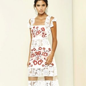 For Love & Lemons White Lace Dress with Red Floral Embroidery